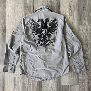Y2K Helix Eagle Crest Back Graphic Button Down Shirt Boys XL Cyber Grunge Emo